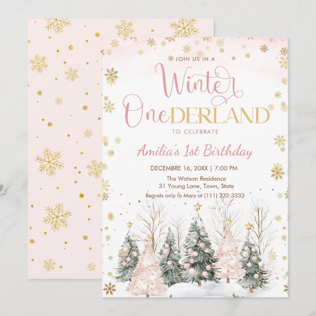 Winter Onederland Gold Snowflakes 1st Birthday Invitation (Front/Back)