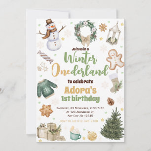 Winter ONEderland Green Christmas Birthday Invite