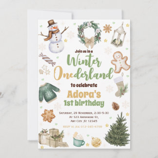 Winter ONEderland Green Christmas Birthday Invite