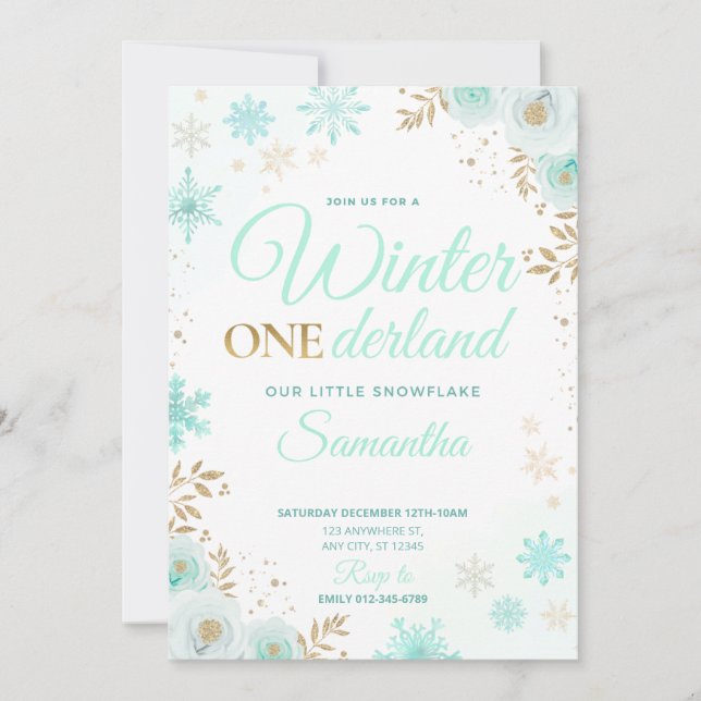 Winter ONEderland Green Snowflake 1st Invitation (Front)