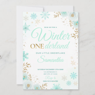 Winter ONEderland Green Snowflake 1st Invitation