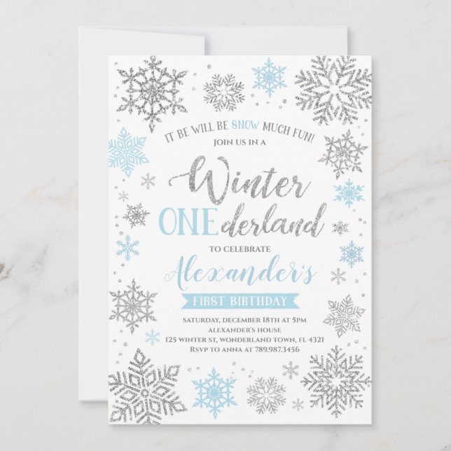 Winter Onederland Invitation Blue and Silver (Front)