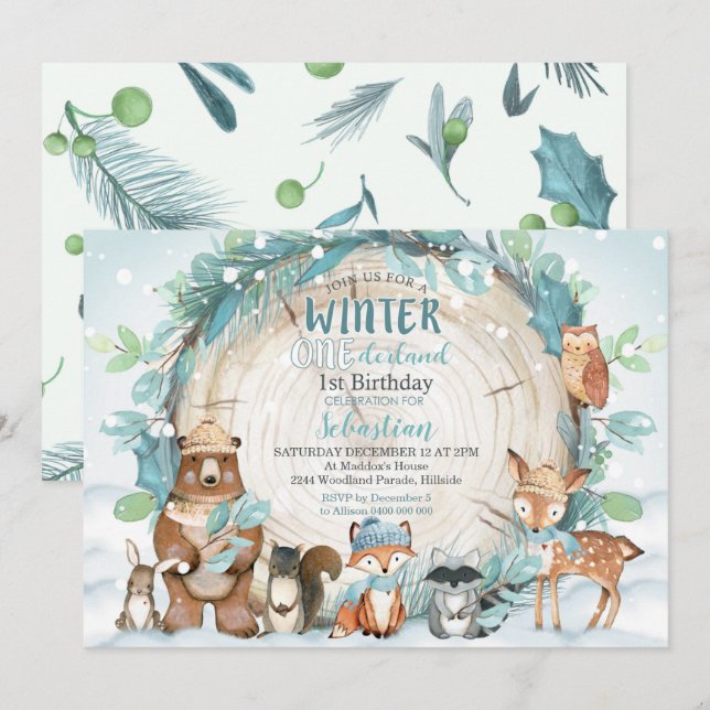 Winter Onederland Invitation Boy Woodland (Front/Back)