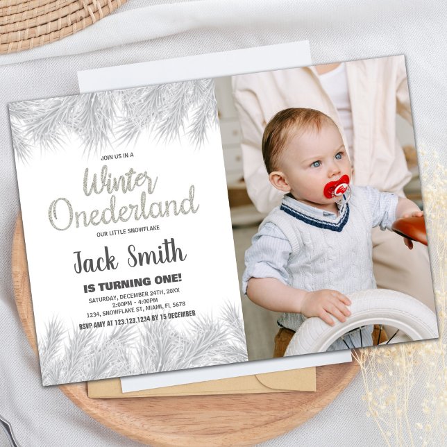 Winter ONEderland Invitations Silver Pine Photo (Winter ONEderland Invitations Silver Pine Photo)