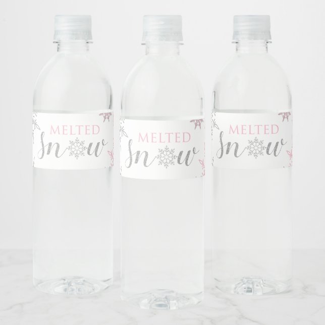 Winter Onederland Melted Snow Pink Silver Water Bottle Label (Bottles)