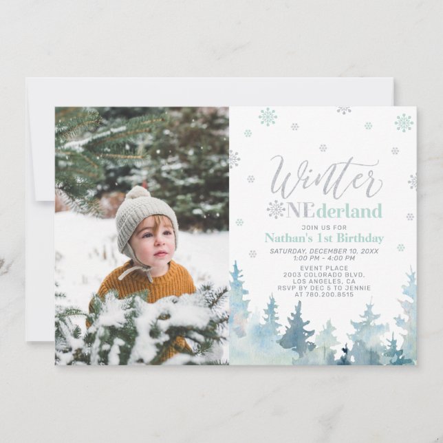 Winter Onederland  Mint Boy 1st Birthday Photo Invitation (Front)