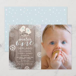 Winter Onederland Mitten Boy Blue 1st Birthday Invitation