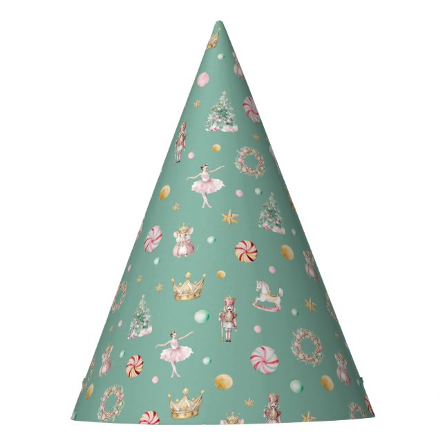 Winter Onederland Nutcracker Pink Green Ballerina Party Hat (Front)