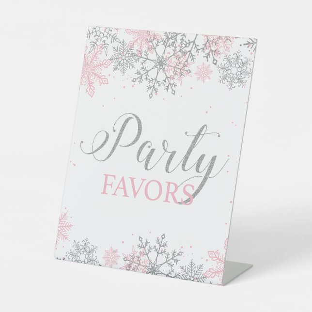 Winter Onederland Party Favours Pink Silver Pedestal Sign (Front)