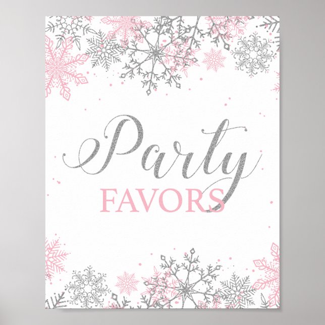Winter Onederland Party Favours Pink Silver Poster (Front)