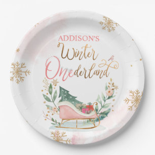 Winter Onederland Party Girl Pink Snow Birthday Paper Plate