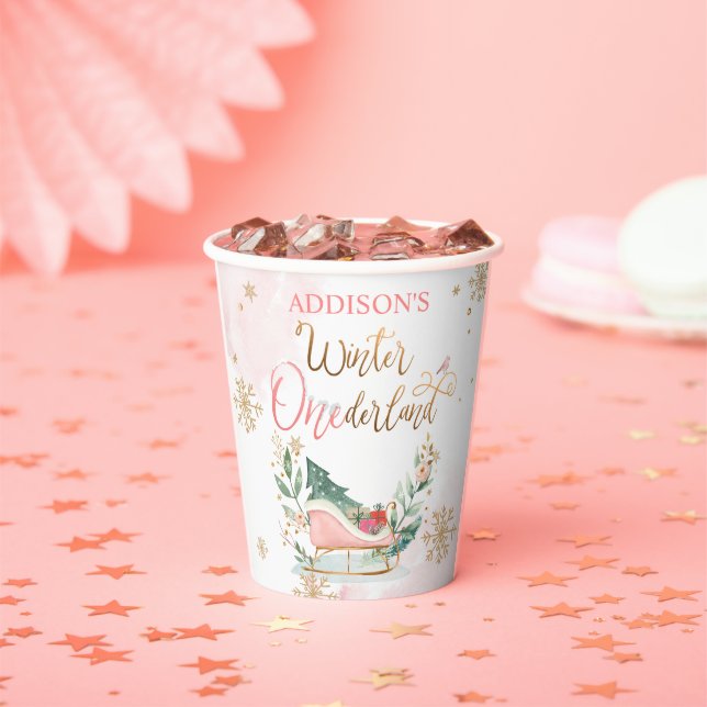 Winter Onederland Party Pink Gold Girl Birthday  Paper Cups (Insitu)
