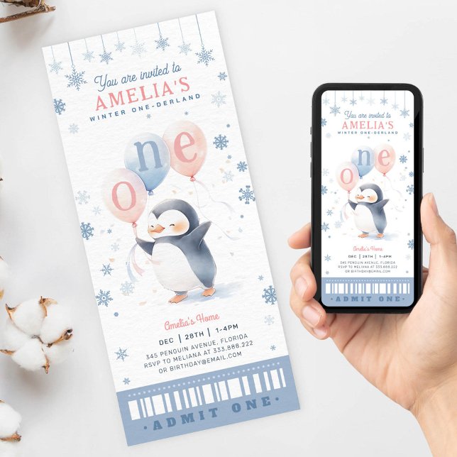 Winter Onederland Penguin 1st Birthday Ticket Pass Invitation (Creator Uploaded)