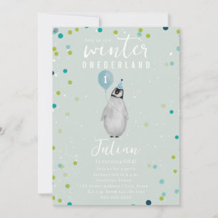 Winter Onederland Penguin Blue Balloon Birthday Invitation