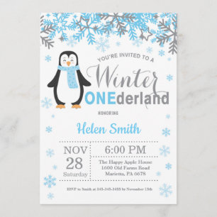 Winter Onederland Penguin Boy 1st Birthday Invitation