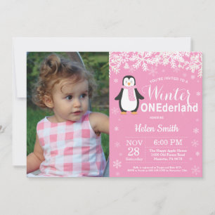 Winter Onederland Penguin Girl 1st Birthday Invitation