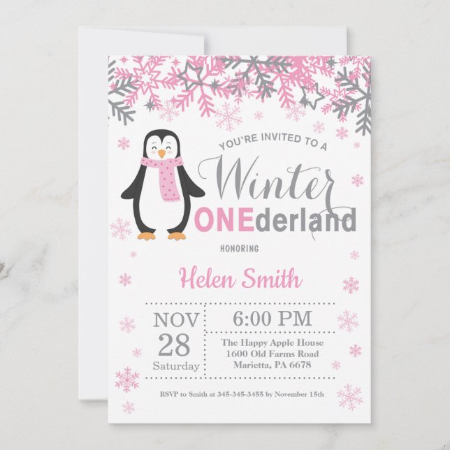Winter Onederland Penguin Girl 1st Birthday Invitation (Front)