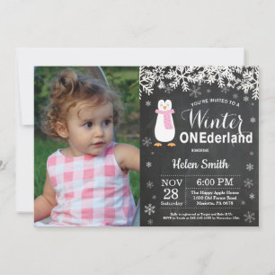 Winter Onederland Penguin Girl 1st Birthday Invitation