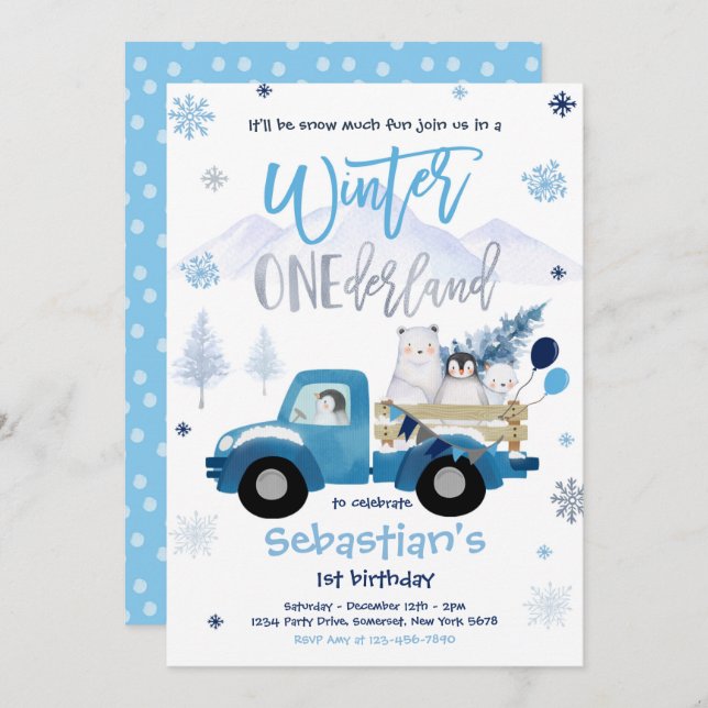 Winter ONEderland Penguin Polar Bear Birthday Invitation (Front/Back)