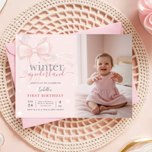 Winter ONEderland Photo Pink Bow First Birthday Invitation