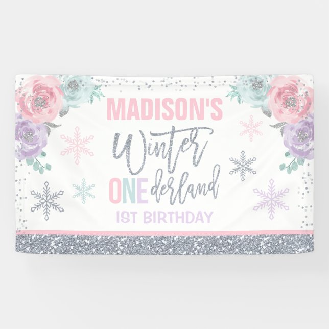 Winter ONEderland Pink 1st Birthday Decorations Banner (Horizontal)