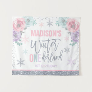 Winter ONEderland Pink 1st Birthday Decorations Tapestry