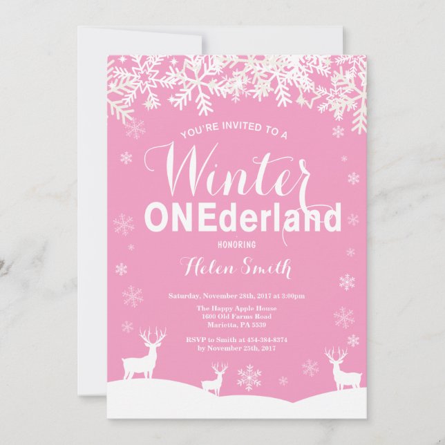 Winter Onederland Pink 1st Birthday invitation (Front)