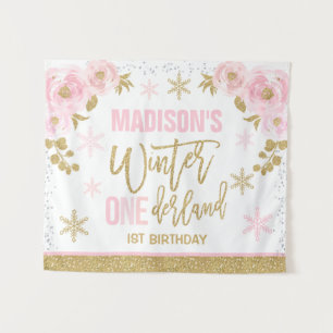 Winter ONEderland Pink 1st Birthday Party Banner Tapestry