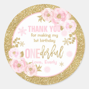 Winter ONEderland Pink And Gold Birthday Favours Classic Round Sticker