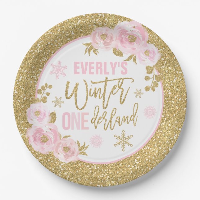 Winter ONEderland Pink And Gold Decorations Paper Plate (Front)