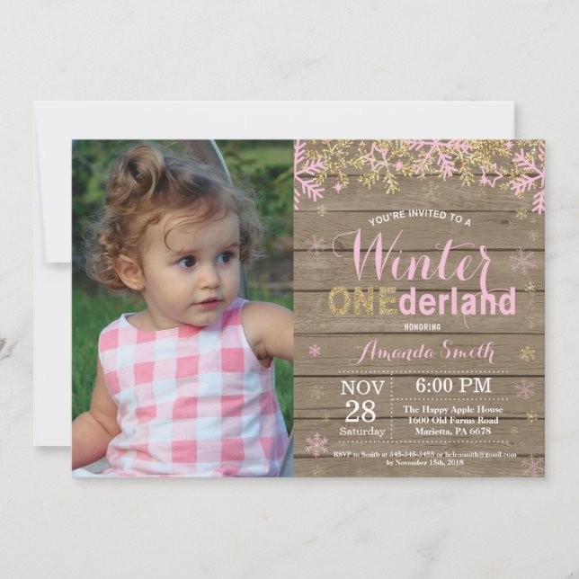 Winter Onederland Pink and Gold Girl 1st Birthday Invitation (Front)