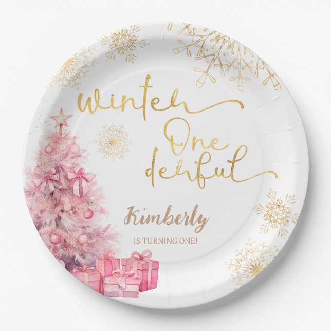 Winter Onederland Pink and Gold Snowflake Paper Plate (Front)