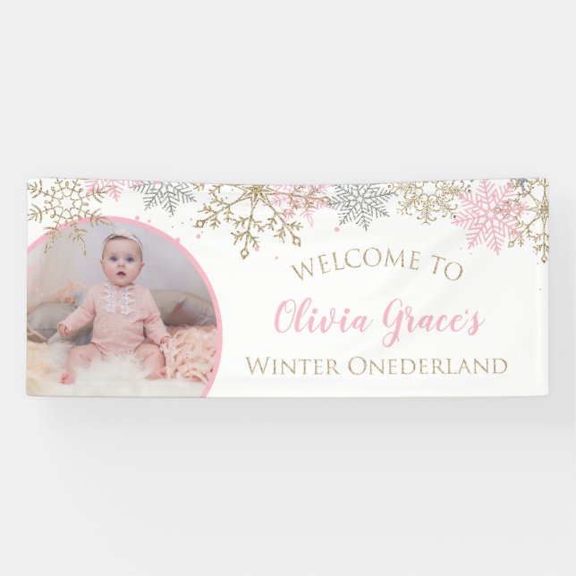 Winter Onederland Pink and Gold Snowflakes Photo Banner (Horizontal)