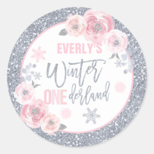 Winter ONEderland Pink And Silver Birthday Favours Classic Round Sticker