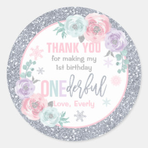 Winter ONEderland Pink And Silver Birthday Favours Classic Round Sticker