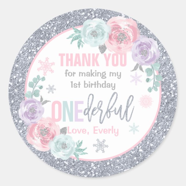 Winter ONEderland Pink And Silver Birthday Favours Classic Round Sticker (Front)