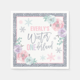 Winter ONEderland Pink And Silver Birthday Party Napkin
