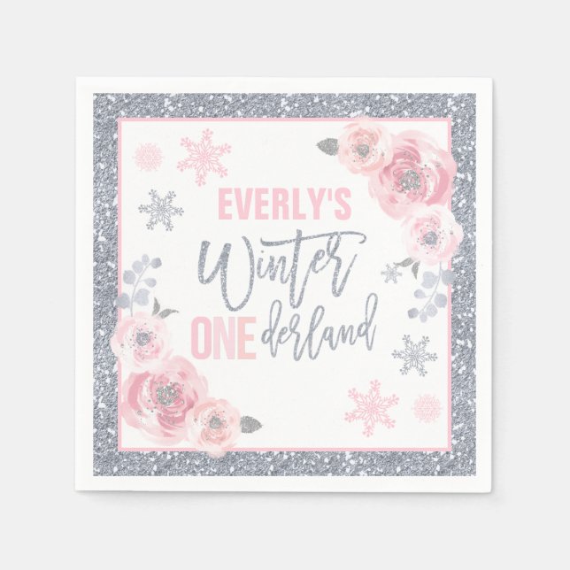 Winter ONEderland Pink And Silver Birthday Party  Napkin (Front)