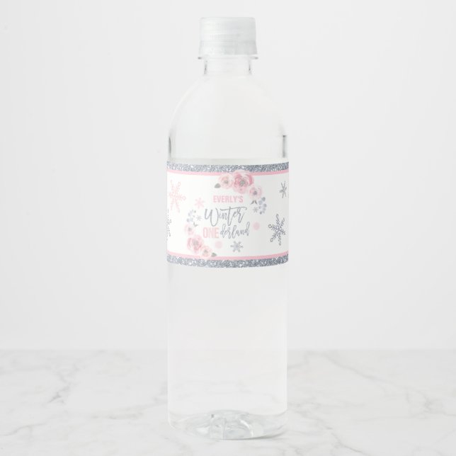 Winter ONEderland Pink And Silver Birthday Party Water Bottle Label (Front)