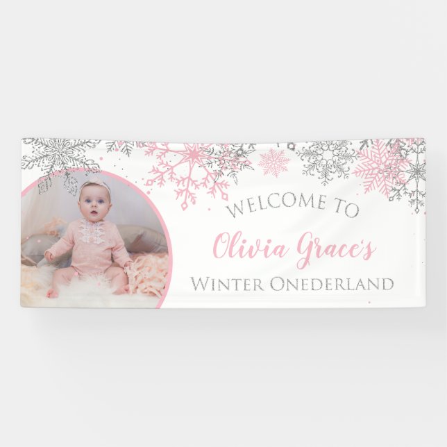 Winter Onederland Pink and Silver Snowflakes Photo Banner (Horizontal)