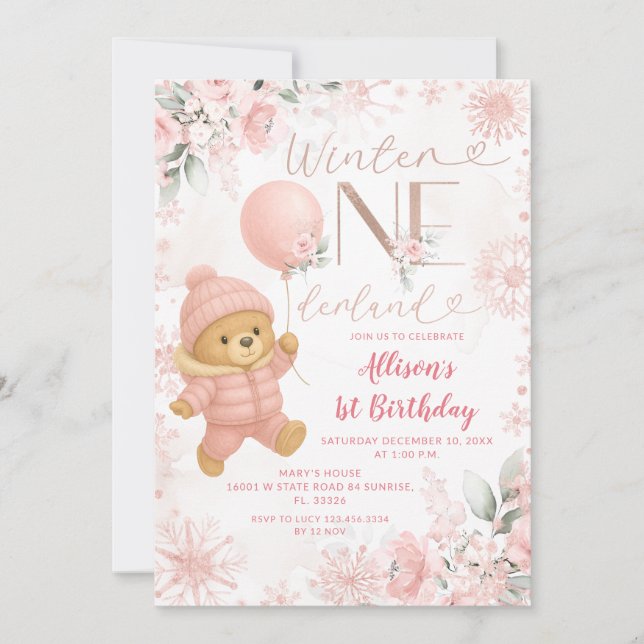 Winter ONEderland Pink Bear Balloon 1st Birthday Invitation (Front)
