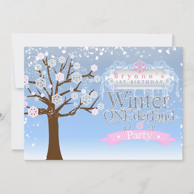Winter ONEderland Pink Birthday Party Invitation (Front)