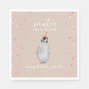 Winter Onederland Pink Birthday Penguin Birthday Napkin