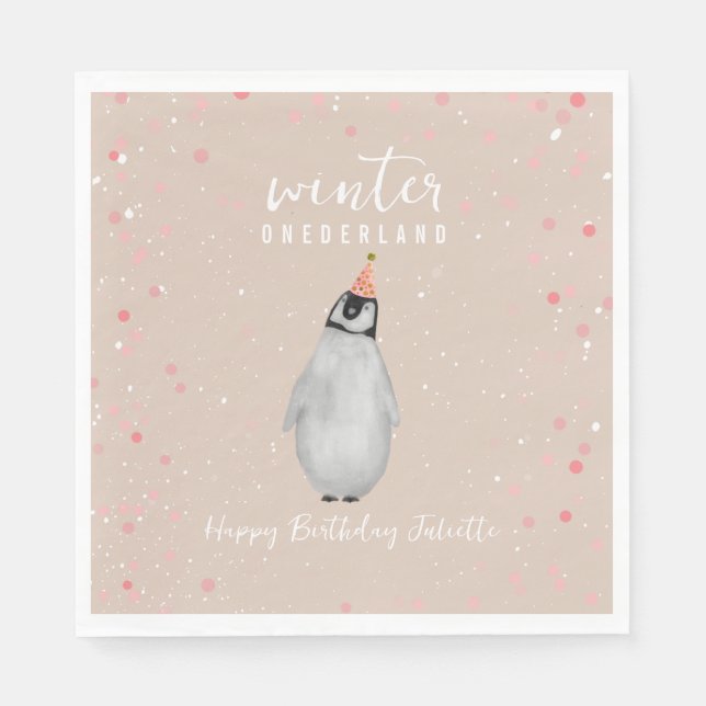 Winter Onederland Pink Birthday Penguin Birthday Napkin (Front)