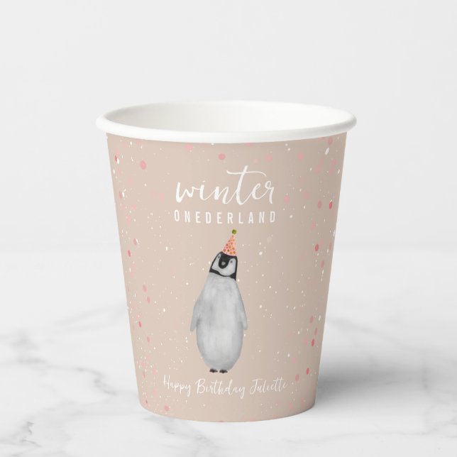 Winter Onederland Pink Birthday Penguin Birthday Paper Cups (Front)