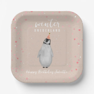 Winter Onederland Pink Birthday Penguin Birthday Paper Plate