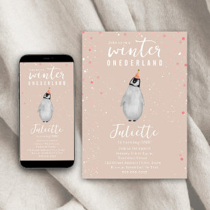 Winter Onederland Pink Birthday Penguin Confetti Invitation