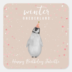 Winter Onederland Pink Birthday Penguin Confetti Square Sticker