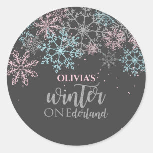 Winter Onederland Pink blue silver glitter Classic Round Sticker