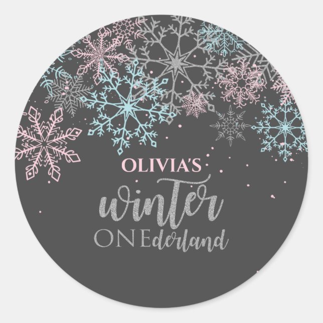 Winter Onederland Pink blue silver glitter Classic Round Sticker (Front)